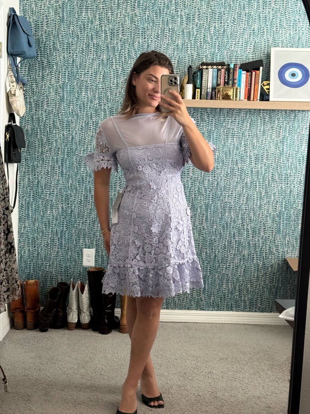 Dress the population Lace Fit-and-Flare Dress in Light Lavender - Picture 2 of 3